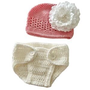 Handmade crochet baby set diaper cover beanie banana clip flower white pink